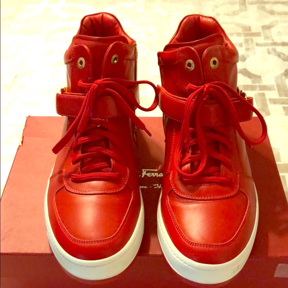 Ferragamo red leather hi-top sneakers in size 13.
